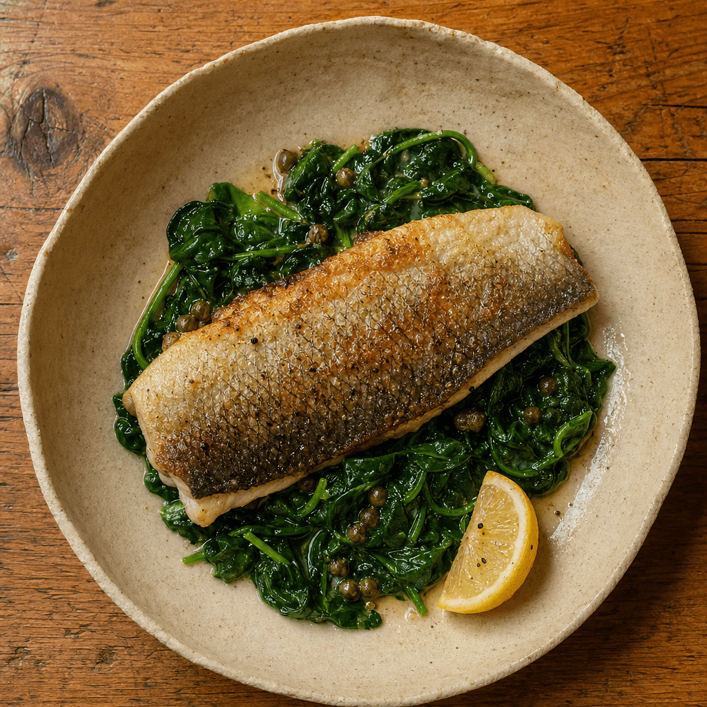 Crispy Skin Sea Bass with Sautéed Spinach & Lemon