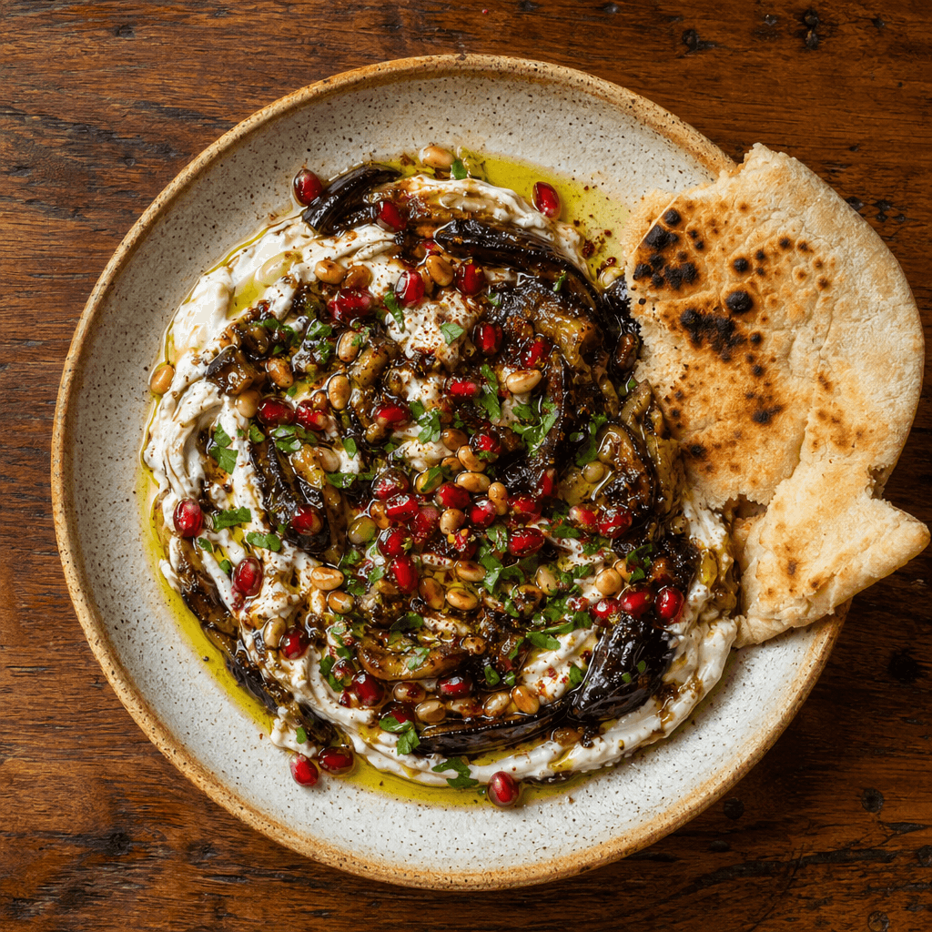 Burnt Aubergine with Yoghurt, Pomegranate and Herbs