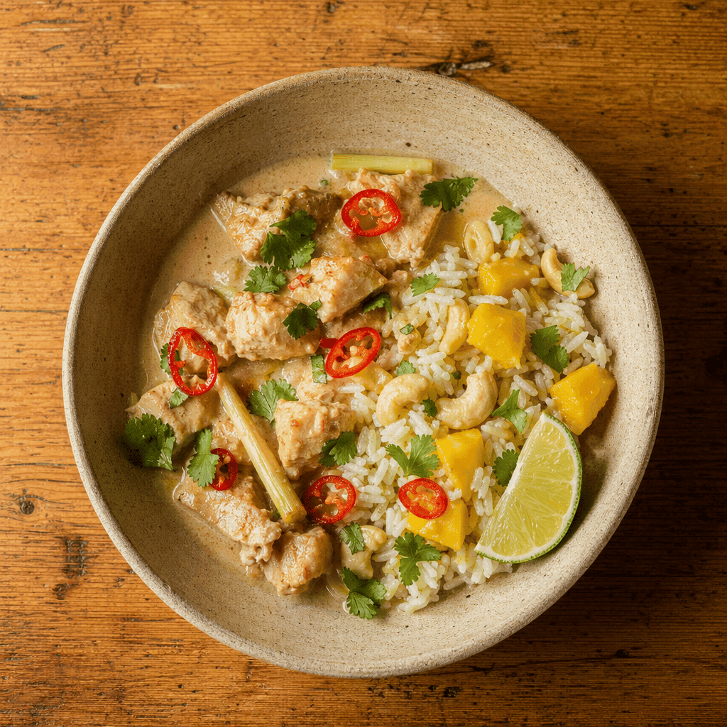 Coconut Chicken with Mango and Cashew Rice