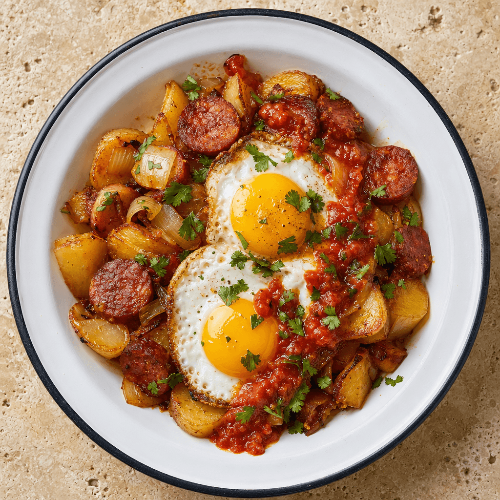Chorizo Hash with Fried Eggs & Salsa