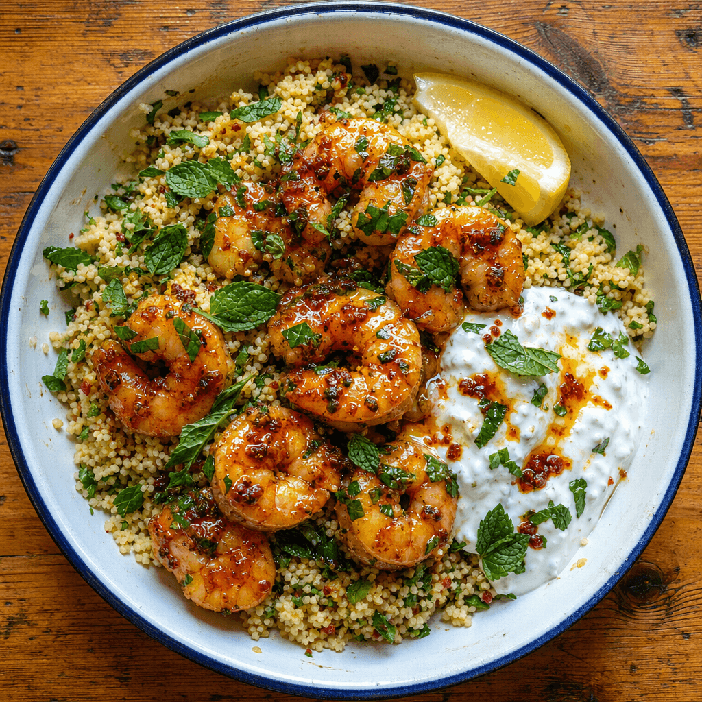 Hot Honey Prawns with Greens & Herby Couscous