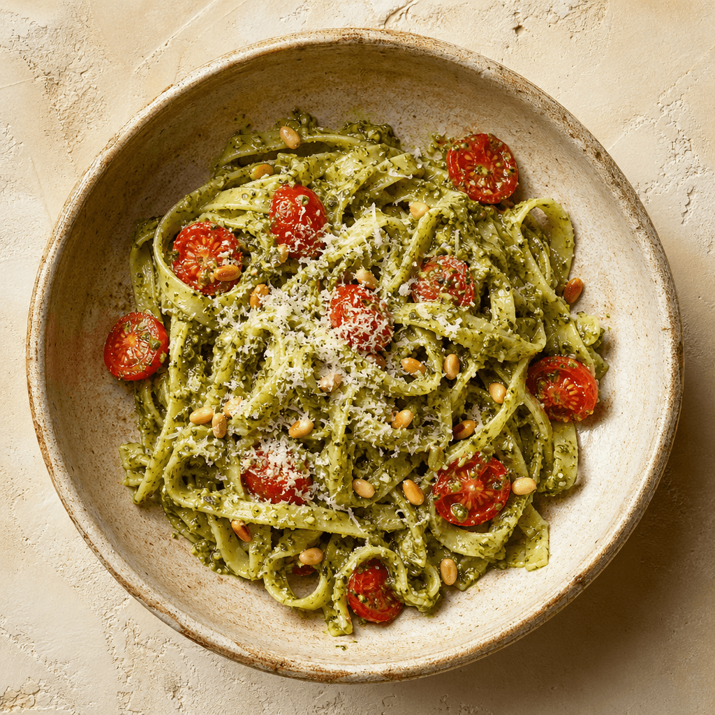 Pesto Pasta with Cherry Tomatoes & Pine Nuts