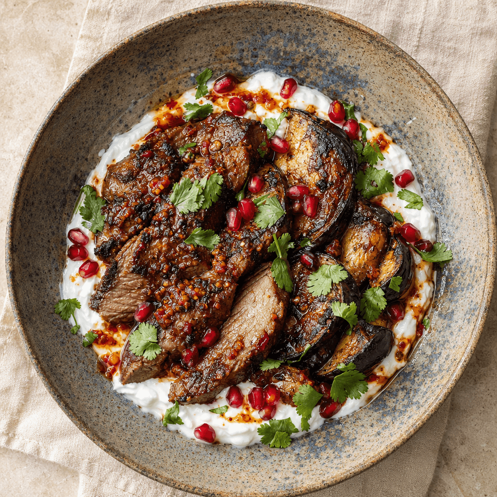 Harissa Lamb with Charred Aubergine & Yoghurt
