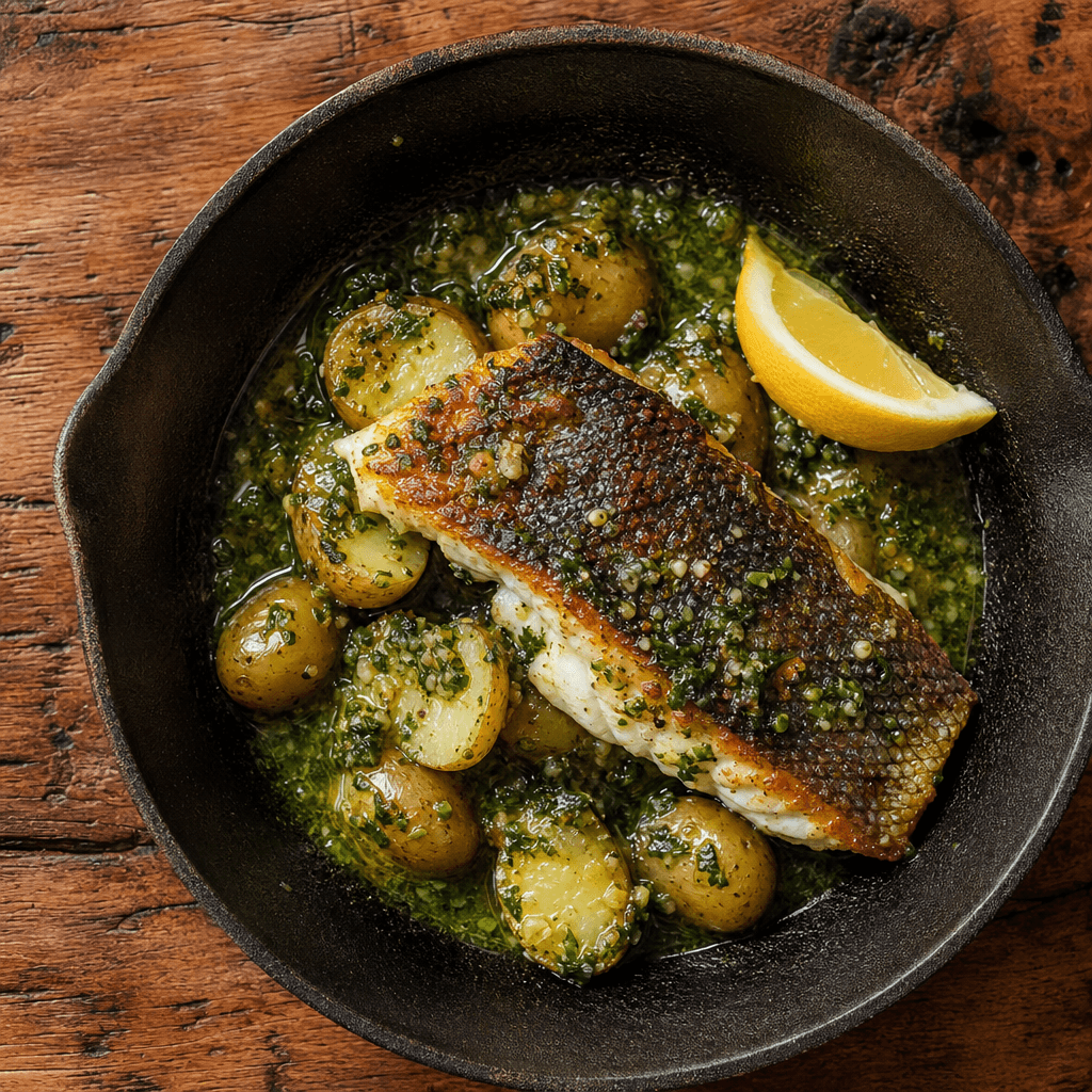 Seared Sea Bass with Salsa Verde & New Potatoes