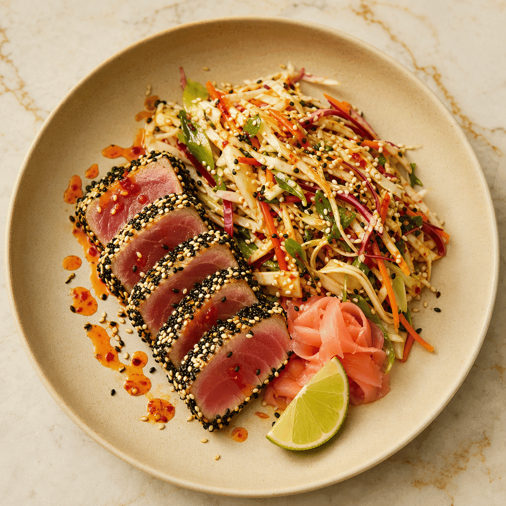 Seared Tuna with Sesame Crust and Asian Slaw