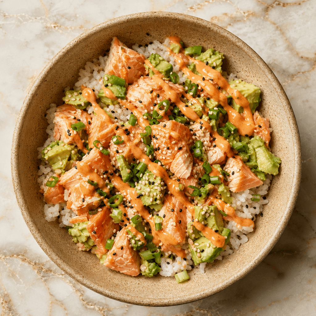 Salmon & Avocado Rice Bowl with Sriracha Mayo