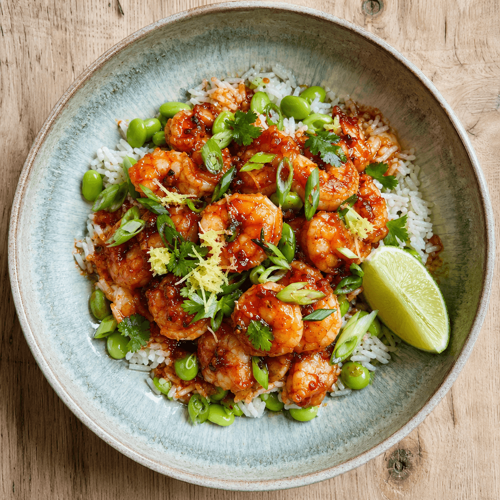 Gochujang Butter Prawns with Jasmine Rice & Edamame