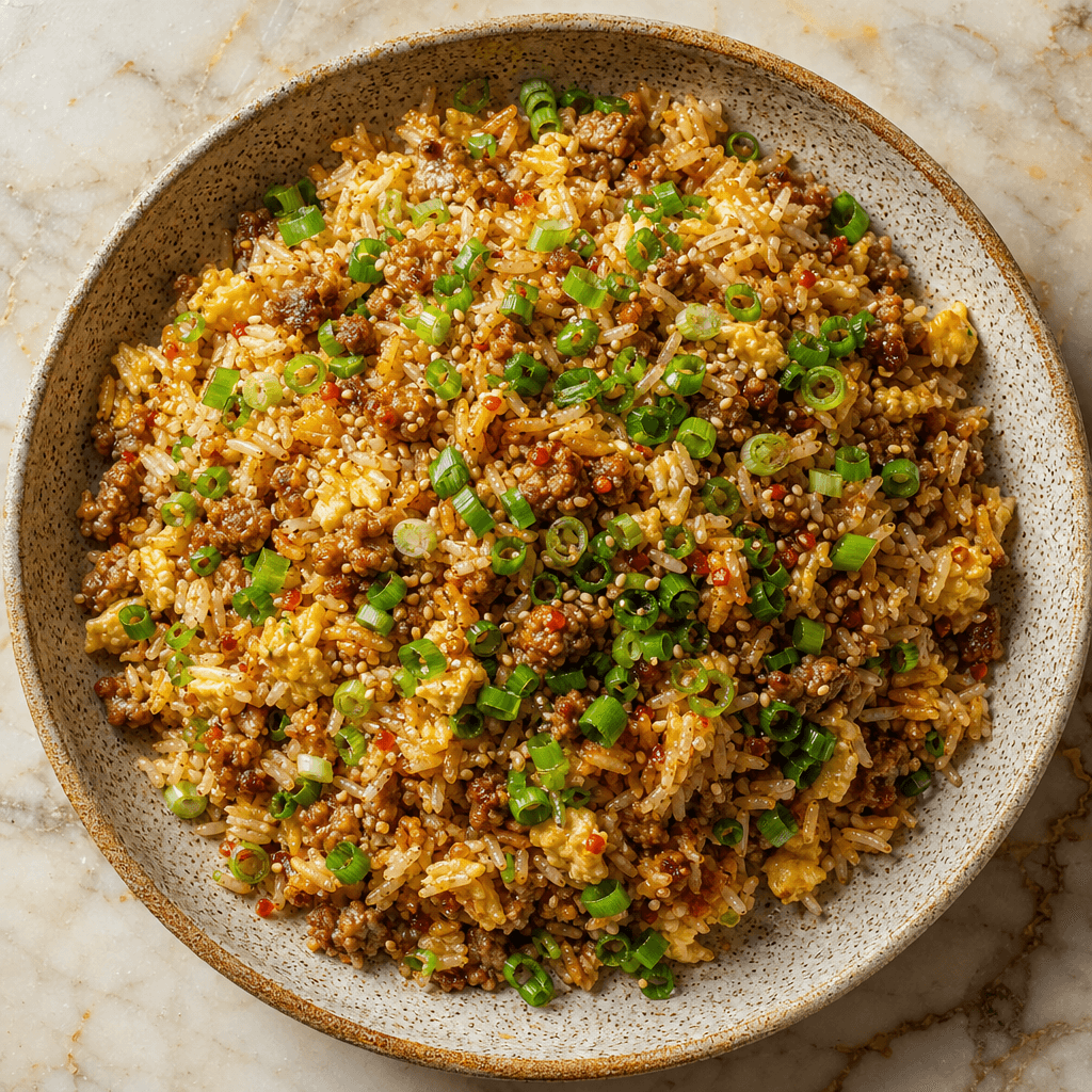 Crispy Pork Fried Rice with Spring Onion Tops