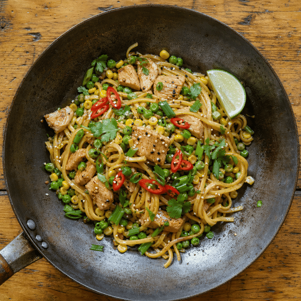 Chicken Noodle Stir-Fry with Peas and Sweetcorn