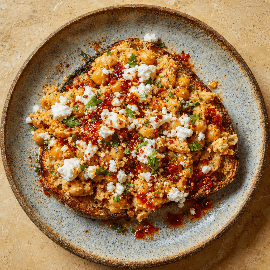 Smashed Chickpeas on Toast with Feta & Harissa