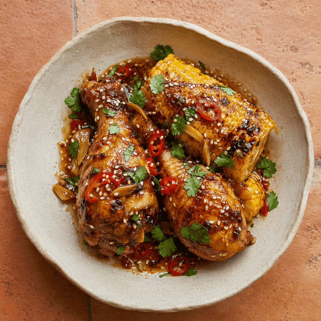 Sticky Chicken Drumsticks with Corn on the Cob