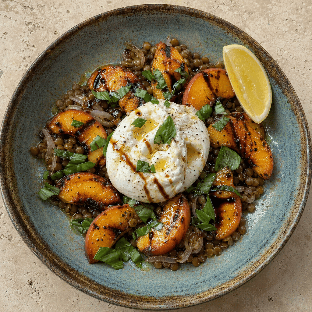 Burrata with Grilled Peaches, Prosciutto and Basil