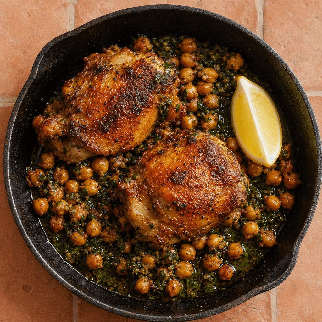 Chicken Thighs with Crispy Chickpeas & Herb Oil