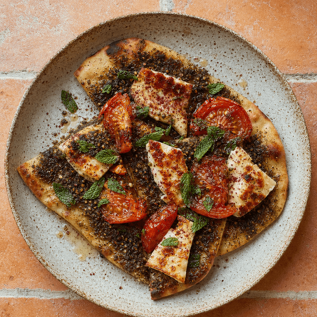 Manakish with Za'atar, Halloumi and Tomato