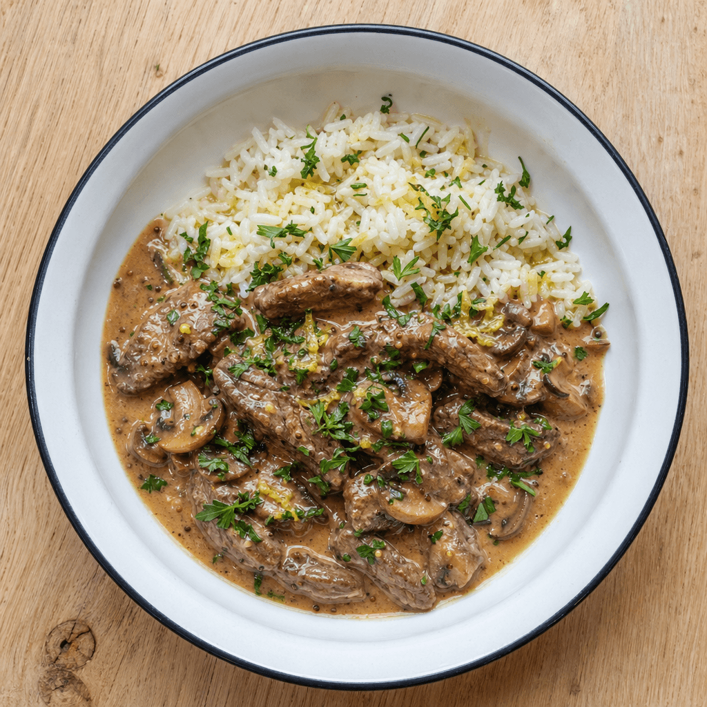 Beef Stroganoff with Buttered Rice
