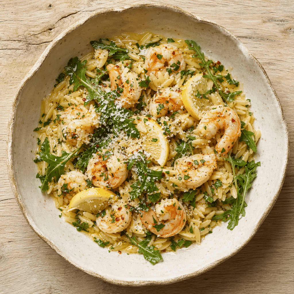 Lemon Garlic Prawns with Orzo and Rocket