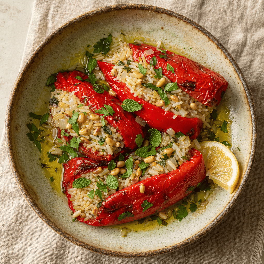 Stuffed Romano Peppers with Rice, Herbs and Pine Nuts