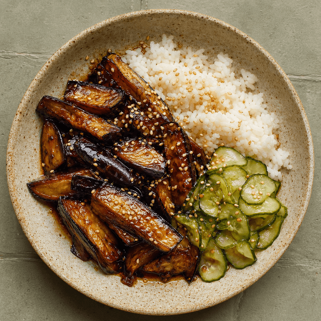 Miso Aubergine with Pickled Cucumber & Rice