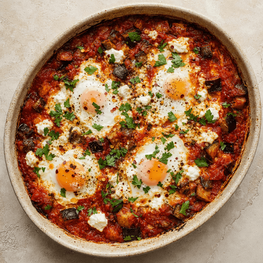 Shakshuka-Style Baked Eggs with Aubergine & Tomato