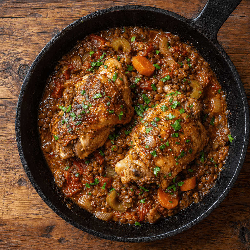 Braised Chicken with Tomatoes & Lentils