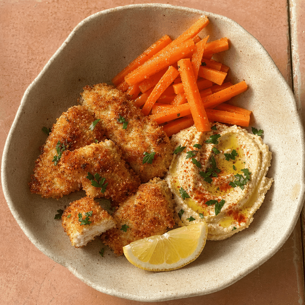 Homemade Chicken Nuggets with Carrot Sticks and Hummus