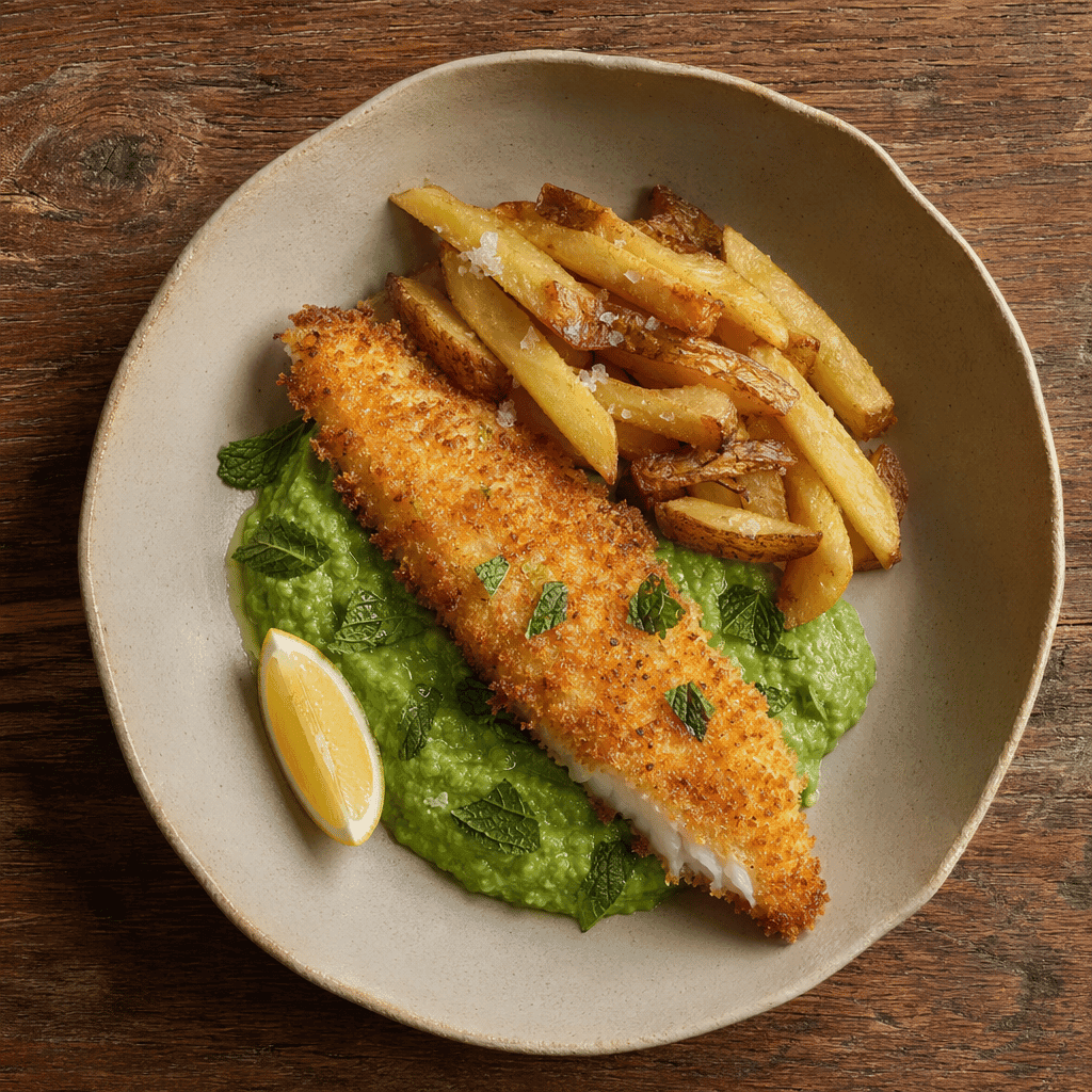 Fish Goujons with Pea Purée and Chips