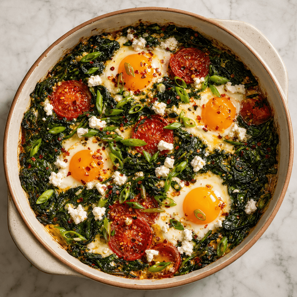 Baked Eggs with Wilted Spinach & Crumbled Feta