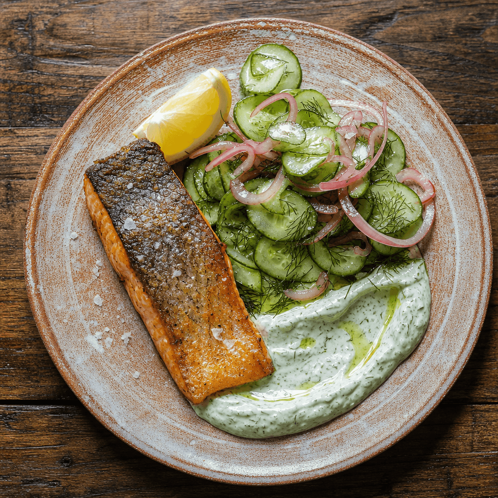 Grilled Salmon with Dill Yoghurt and Cucumber Salad