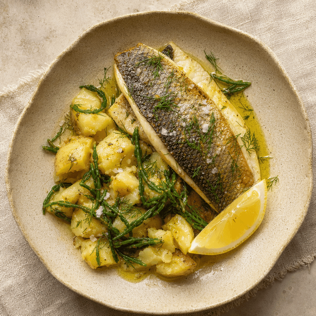 Crispy Skin Sea Bass with Samphire and Crushed Potatoes