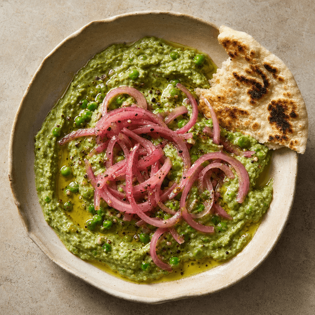 Pea and Artichoke Dip with Pickled Onions