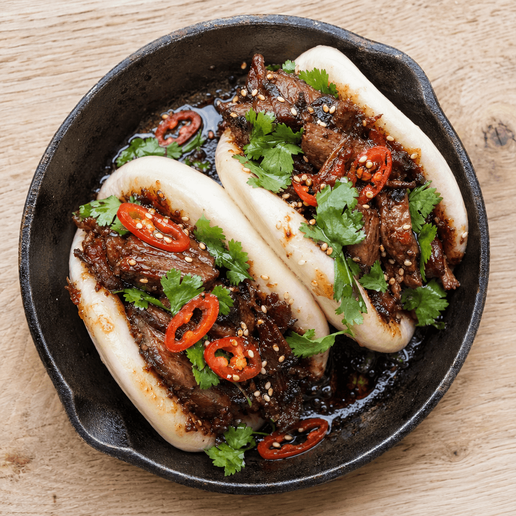 Sticky Lamb Bao With Pickled Chilli And Coriander