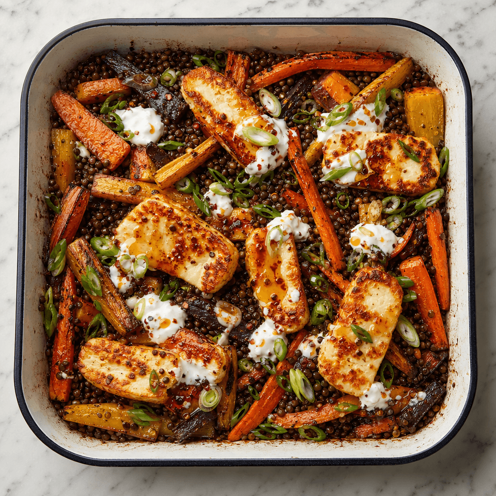 Hot Honey Halloumi with Roast Carrots & Lentils