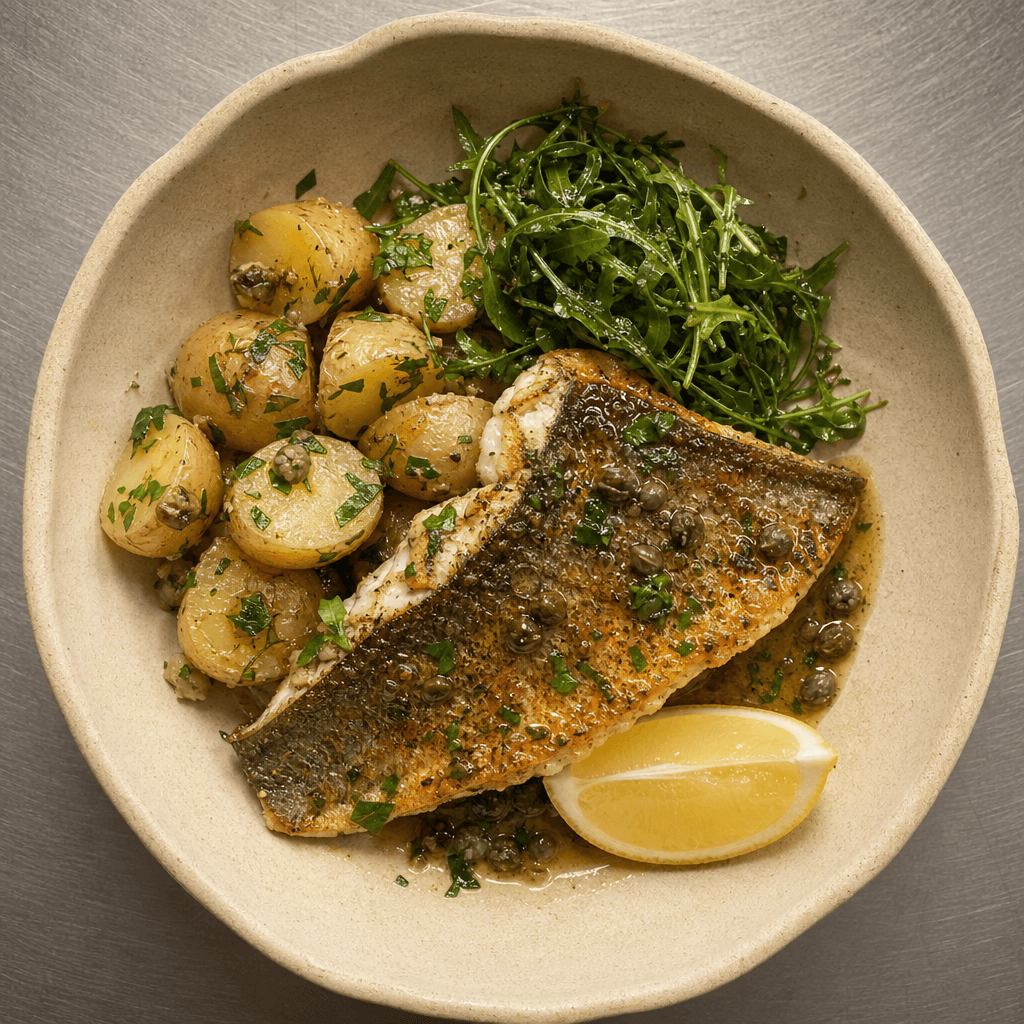 Sea Bass with Lemon, Capers & Herby Potatoes