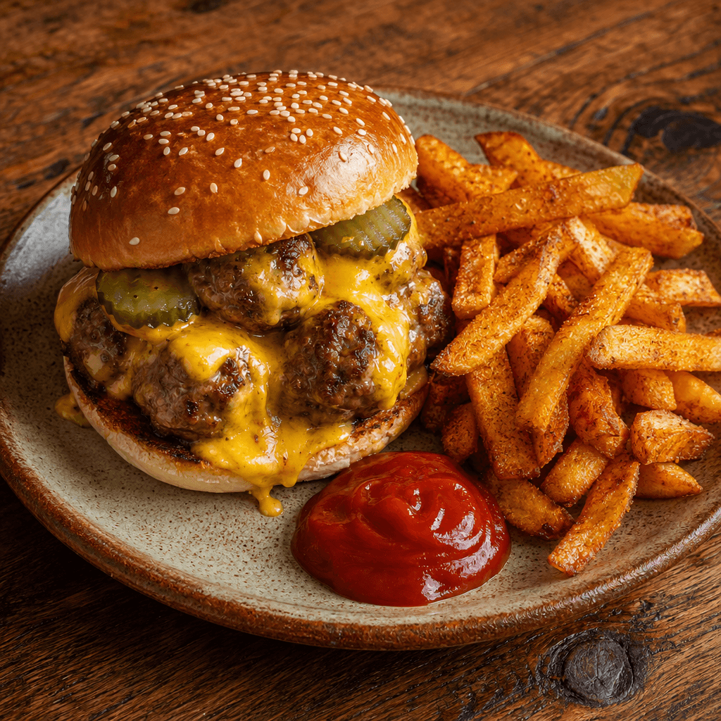 Cheeseburger Meatballs with Oven Chips