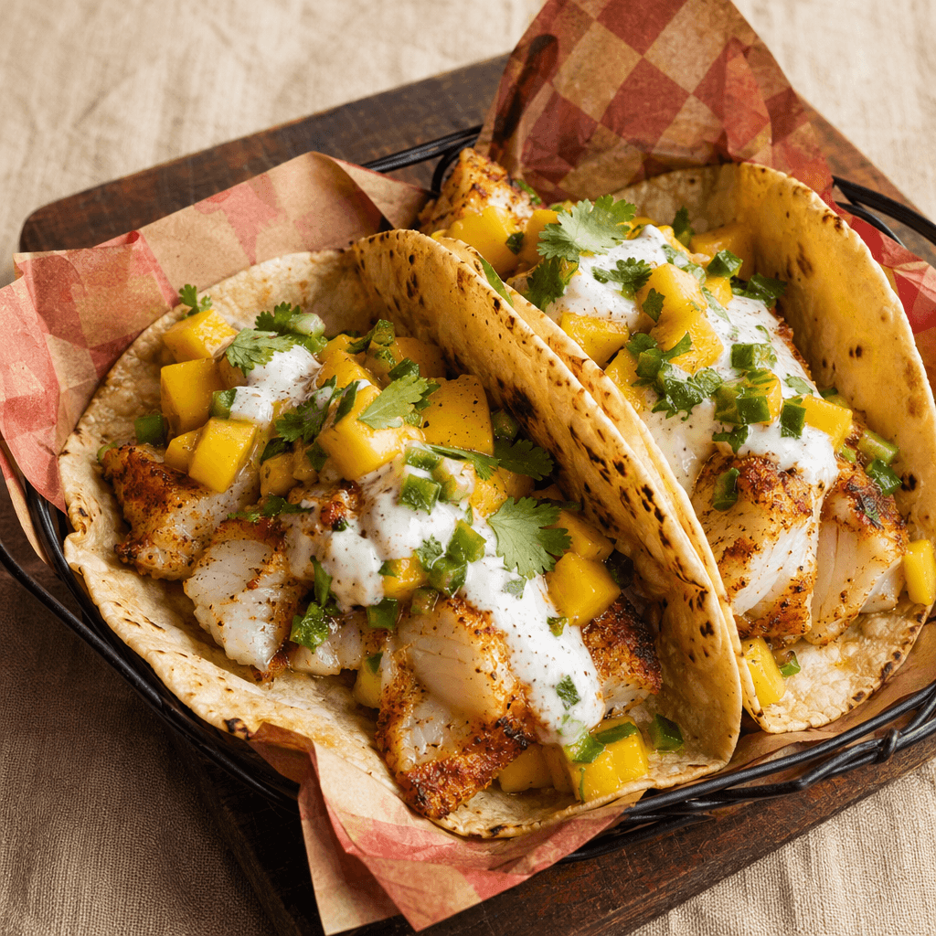 White Fish Tacos with Mango & Jalapeño Salsa