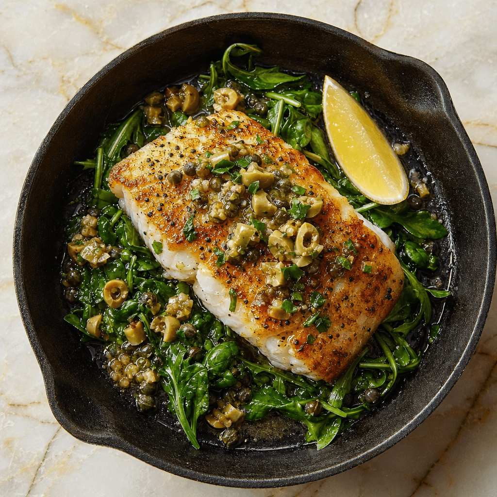 Crispy Cod with Green Olive Dressing & Greens