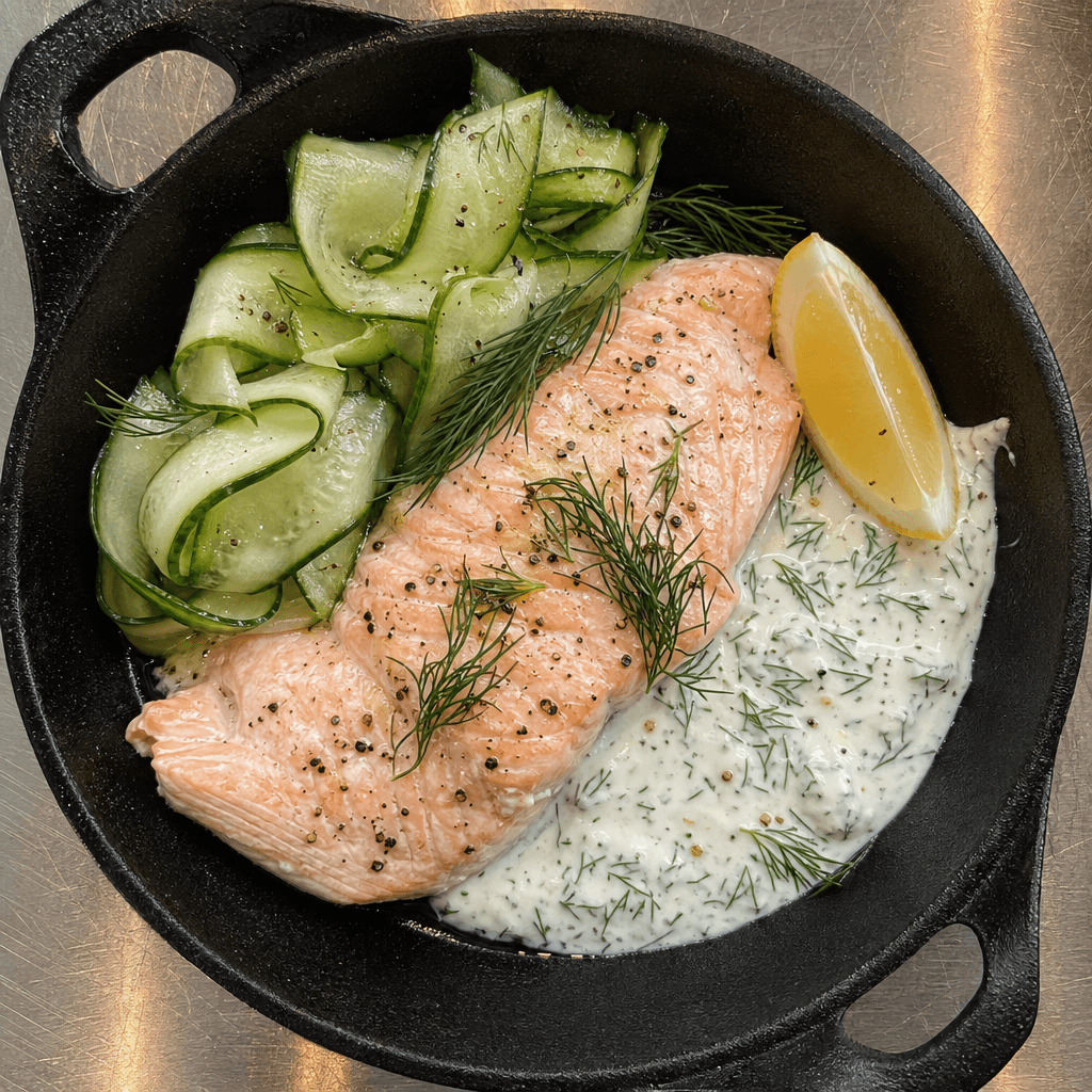 Poached Salmon with Dill Yoghurt & Cucumber