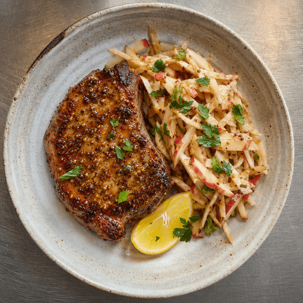 Honey Mustard Pork Chops with Apple Slaw