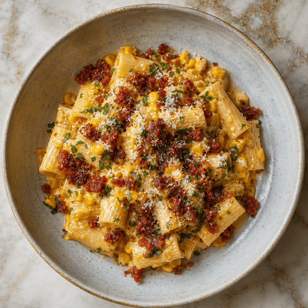 Creamed Sweetcorn Rigatoni with Crispy Chorizo Crumbs
