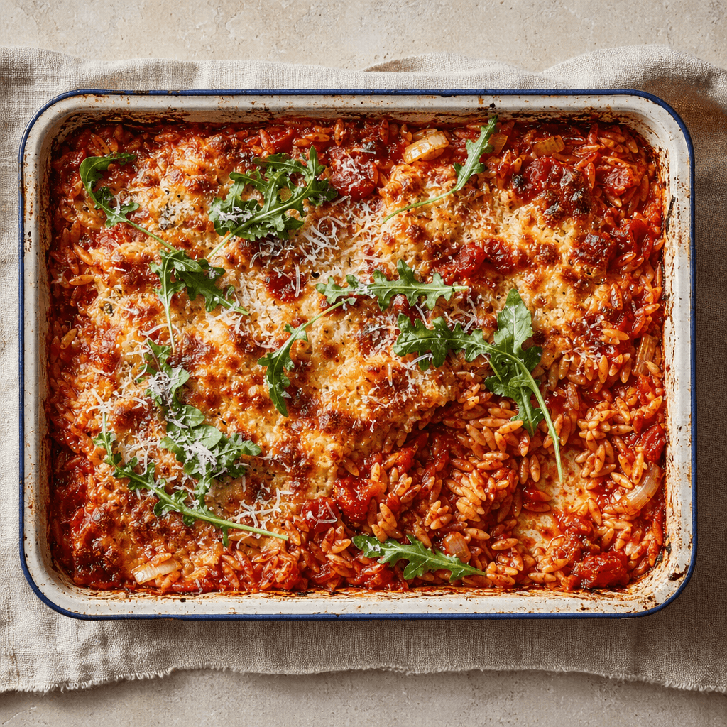 Cheesy Tomato Orzo Bake