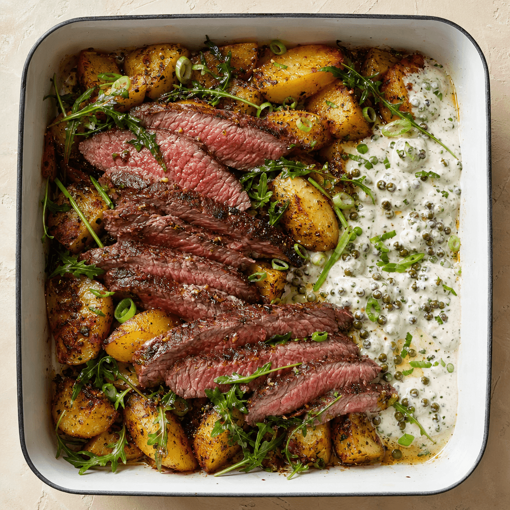 Steak with Green Peppercorn Yoghurt & Roast Potatoes