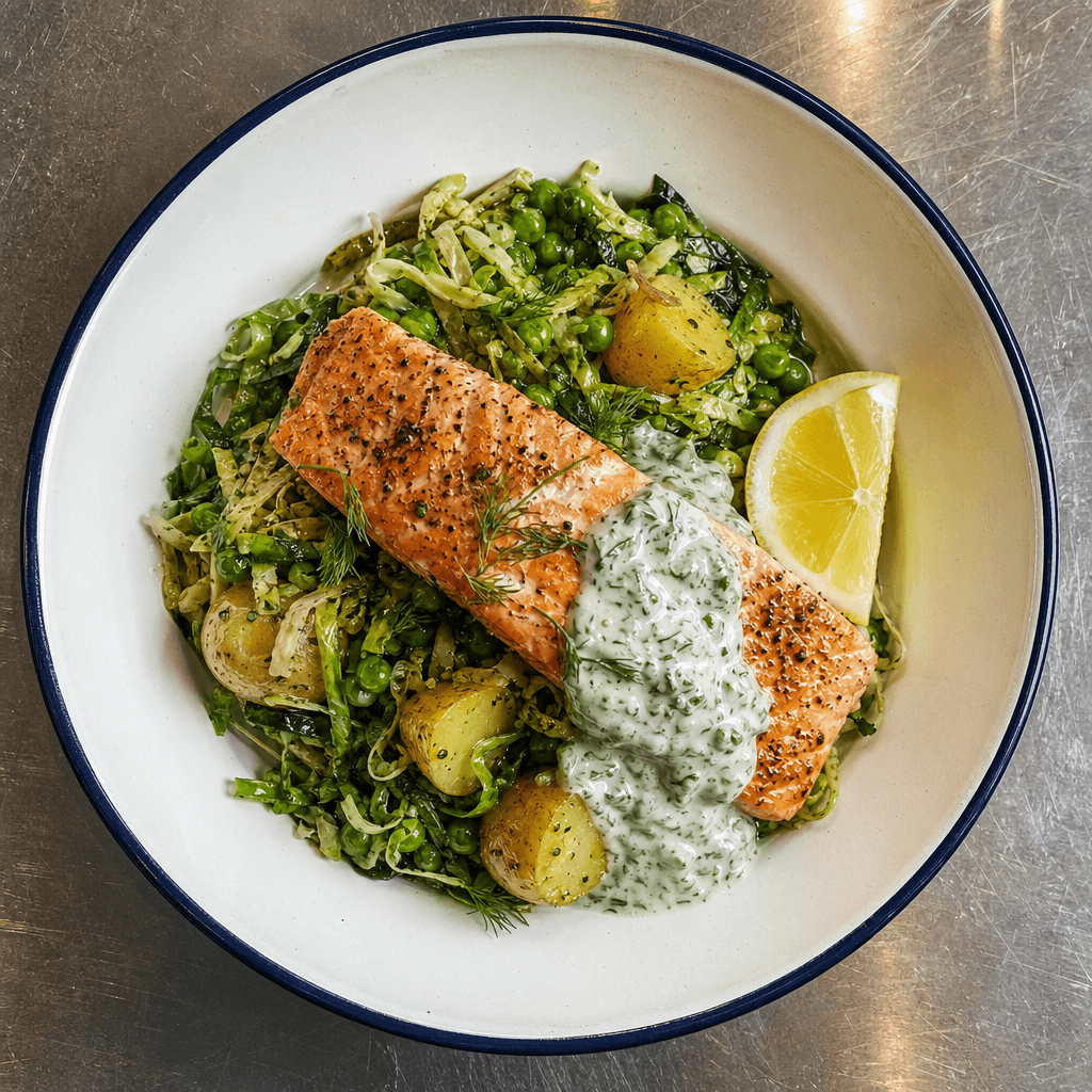 Salmon with Dill Yoghurt, Greens & New Potatoes