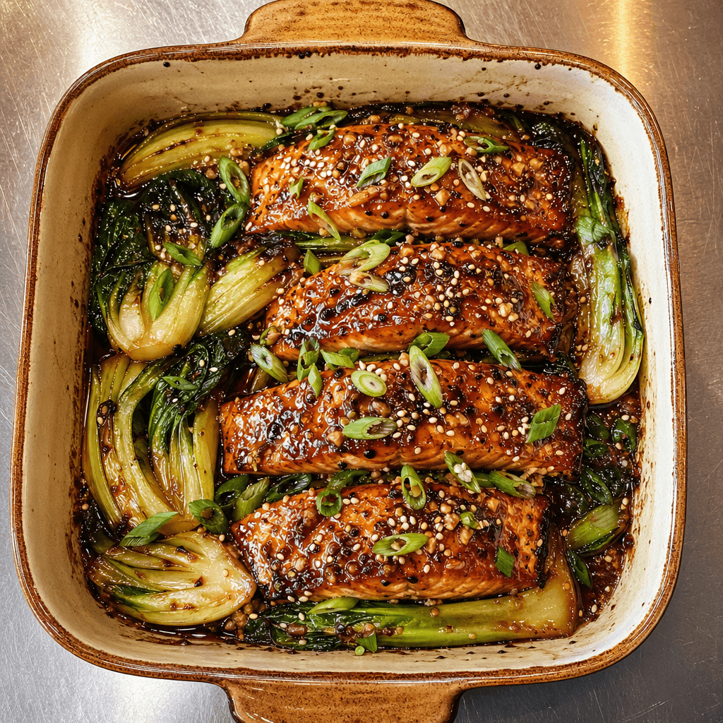 Sticky Ginger & Soy Salmon Traybake with Pak Choi