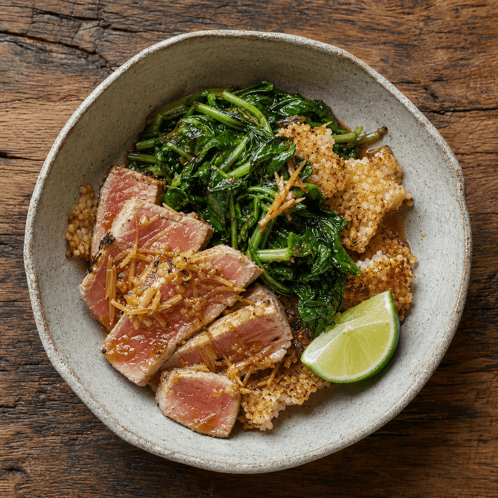 Tuna with Ginger Greens & Crispy Rice