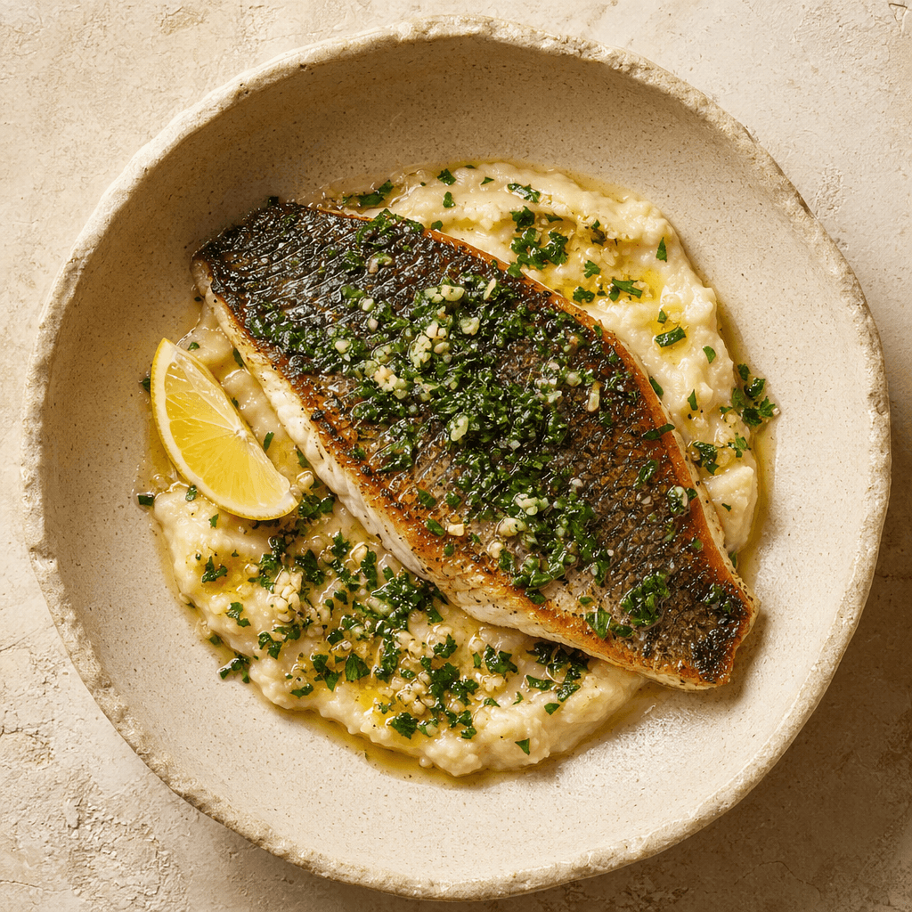 Sea Bass with Butter Bean Mash & Gremolata