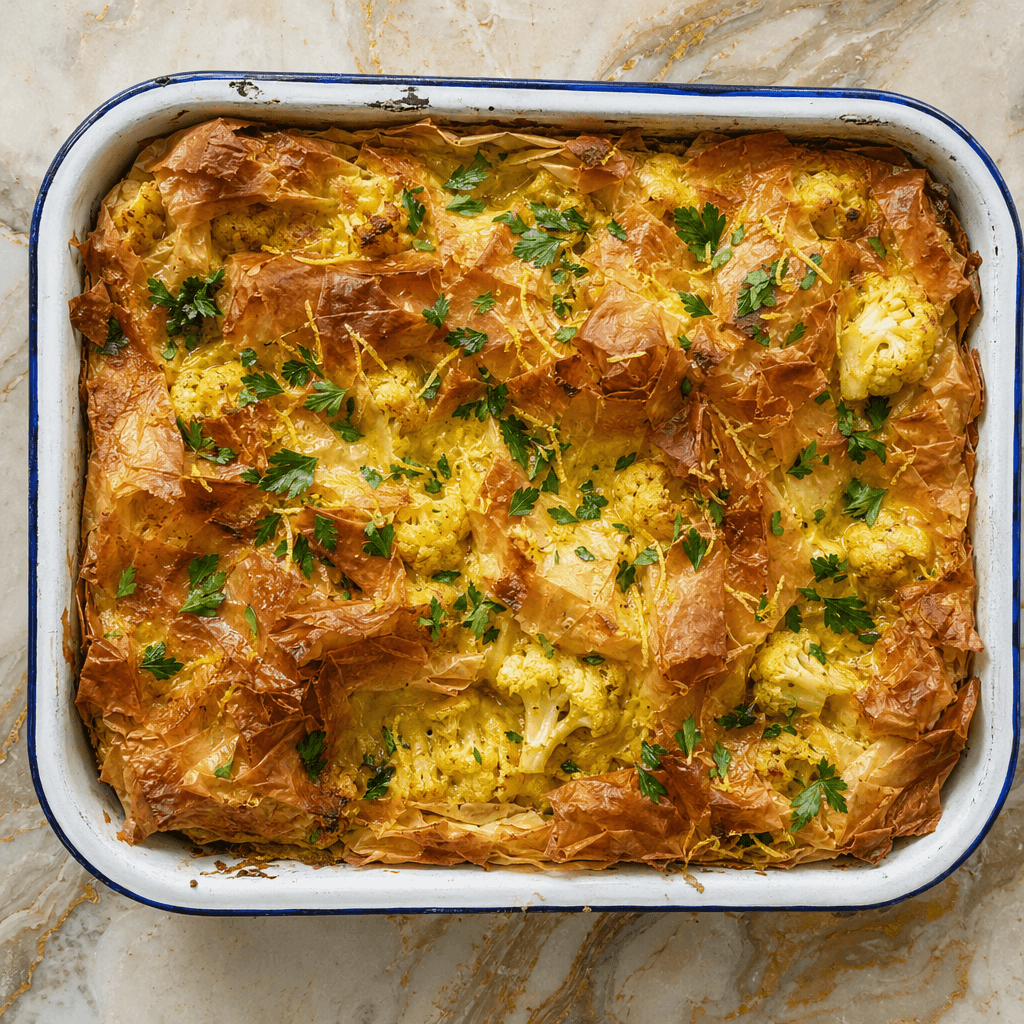 Curried Cauliflower and Cheese Filo Pie