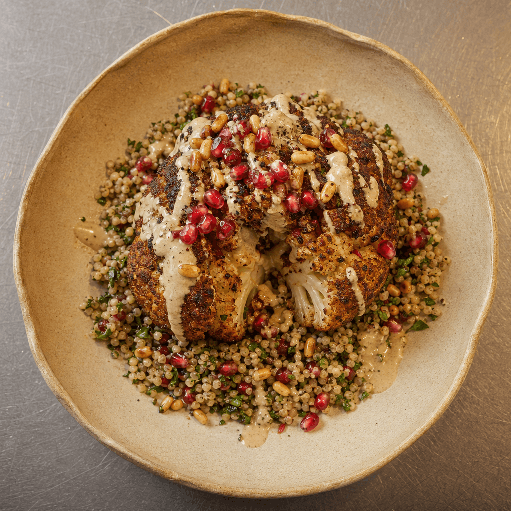 Smoked Whole Cauliflower with Tahini, Pomegranate and Herbed Bulgur