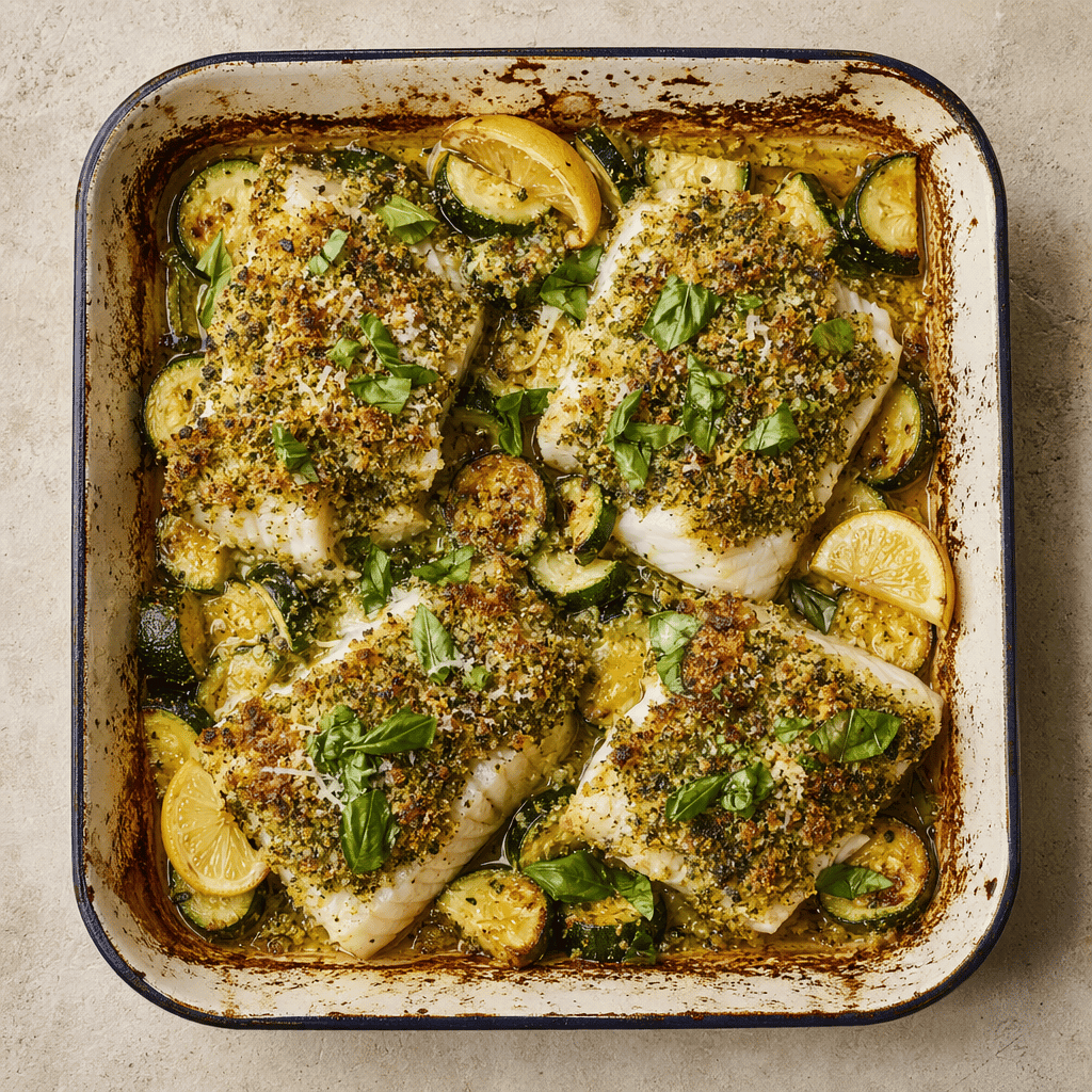 Baked Cod with Pesto Crust and Roasted Courgettes