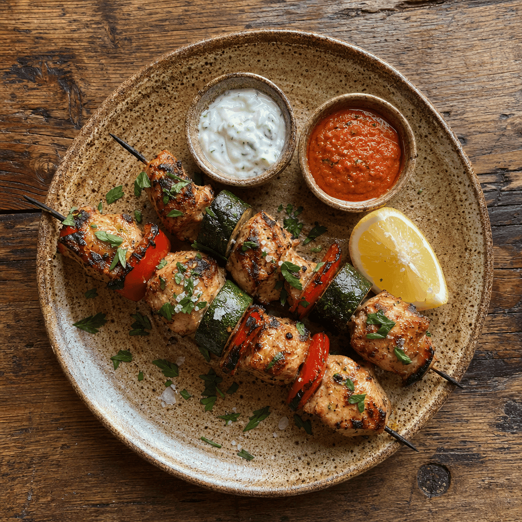 Chicken and Vegetable Skewers with Dipping Sauces