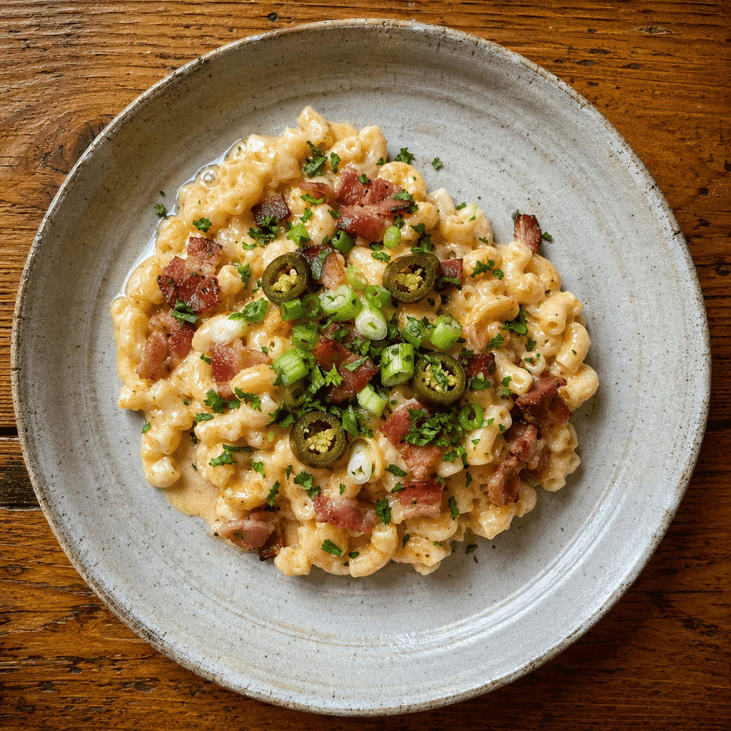 Mac and Cheese with Crispy Bacon and Jalapeños